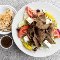 Greek Salad · Romaine lettuce, tomatoes, cucumbers, feta, kalamata olives, red onions, pepperocini, and or...