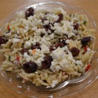 Orzo Pasta Salad · Orzo pasta, olives, peppers, feta, onions and spinach