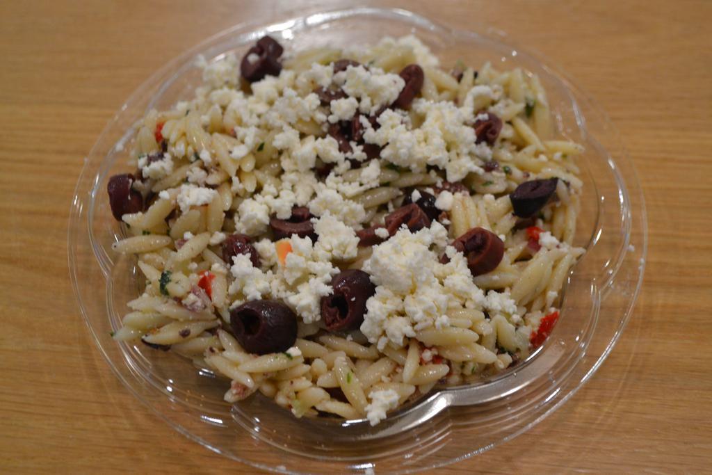 Orzo Pasta Salad · Orzo pasta, olives, peppers, feta, onions and spinach