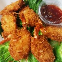 Coconut Shrimp (6)  · Golden fried shrimp in a crispy coconut breading served with a side of sweet chili sauce. 