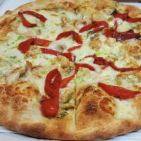 Chicken Pesto Pizza · House-made pesto sauce, grilled chicken breast, roasted red peppers, mozzarella and parmesan...