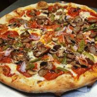 House Special Pizza · Red sauce topped with jumbo pepperoni, fresh button mushrooms, green bell pepper, red onion,...