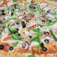 Veggie Pizza · Red sauce, topped with fresh plum tomato, button mushrooms, red onion, bell pepper, sweet pe...