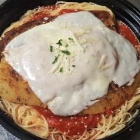 Eggplant Parmigiana with Spaghetti · Lightly breaded eggplant topped with our marinara sauce & mozzarella cheese.
Includes a smal...