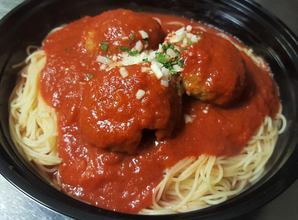 Spaghetti and Meatballs · Beef/pork meatballs in house-made marinara sauce. Includes a small, fresh Garden Salad side, dressing, and garlic bread.