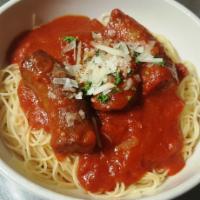 Spaghetti and Sausage · Spicy Italian sausage with house-made marinara sauce. Includes a small, fresh Garden Salad s...