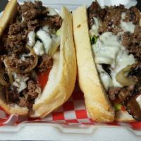 Angelino's Cheesesteak · 8 oz. chopped sirloin steak served on a long Italian steak roll. Your choice of melted chees...