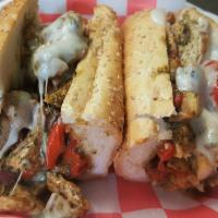 Chicken Pesto Sandwich · Seared chicken breast with roasted red peppers, button mushrooms, pesto and melted provolone...