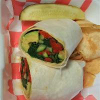 Veggie Wrap · Fresh spinach,  avocado, grilled eggplant, roasted red peppers and fresh garlic.