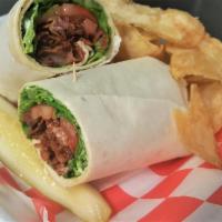 BLT Wrap · Crispy bacon, lettuce, plum tomato and ranch dressing, slice of pickle and house-made potato...