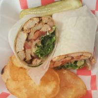Grilled Chicken Wrap · Grilled chicken breast, romaine lettuce, plum tomato, red onions and honey mustard dressing.
