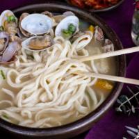 Clam-KALGUKSU (바지락 칼국수) · Hand-cut noodles in anchovy broth with clams, potato, and green onion. Noodle contains sesam...