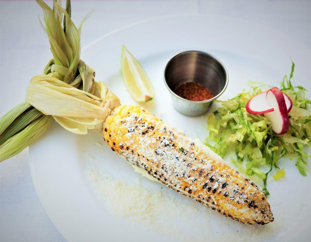 Elote Asado · Grilled fresh corn on the cob with Cotija cheese & mayo. Lime and chili powder on the side