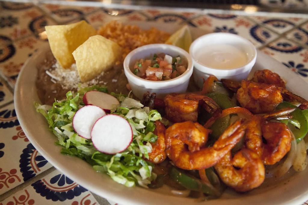 Shrimp Fajitas · Sautéed onions and peppers. Served with rice, beans, flour tortillas, pico de gallo, sour cream and salsa.