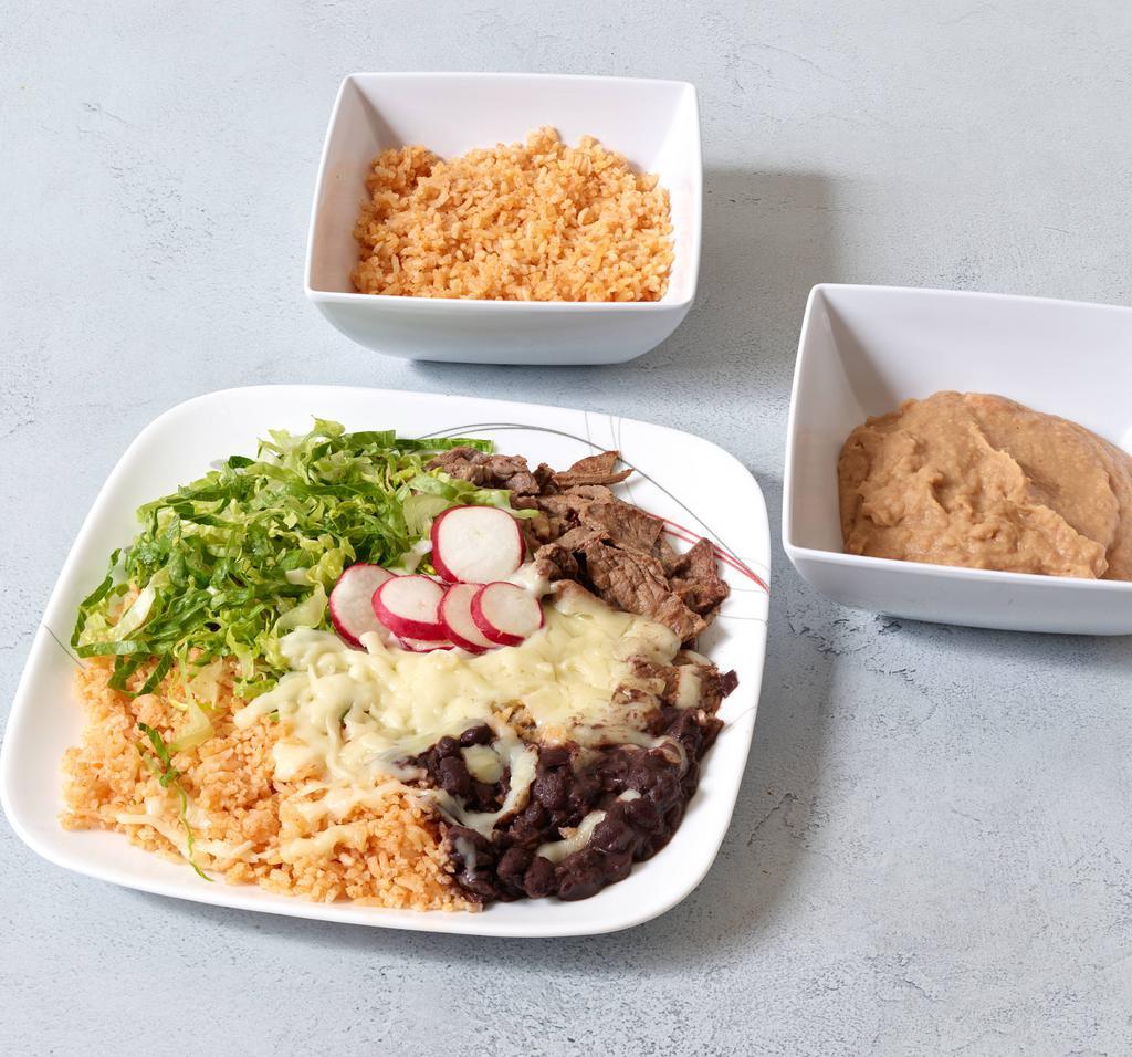 Burrito Bowl · Your choice of protein or veggies served with rice, black beans, lettuce, pico de gallo and cheese. Sour cream and salsa on the side.