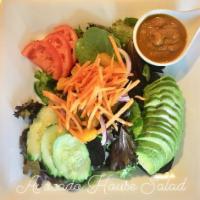 Avocado House Salad · Spring mix, tomatoes, red onions, cucumbers, carrots and avocado. Served with ginger dressing.