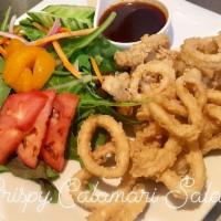 Crispy Calamari Salad · Golden calamari served on a fresh spring mix with red onions, carrots with spicy lime dressi...