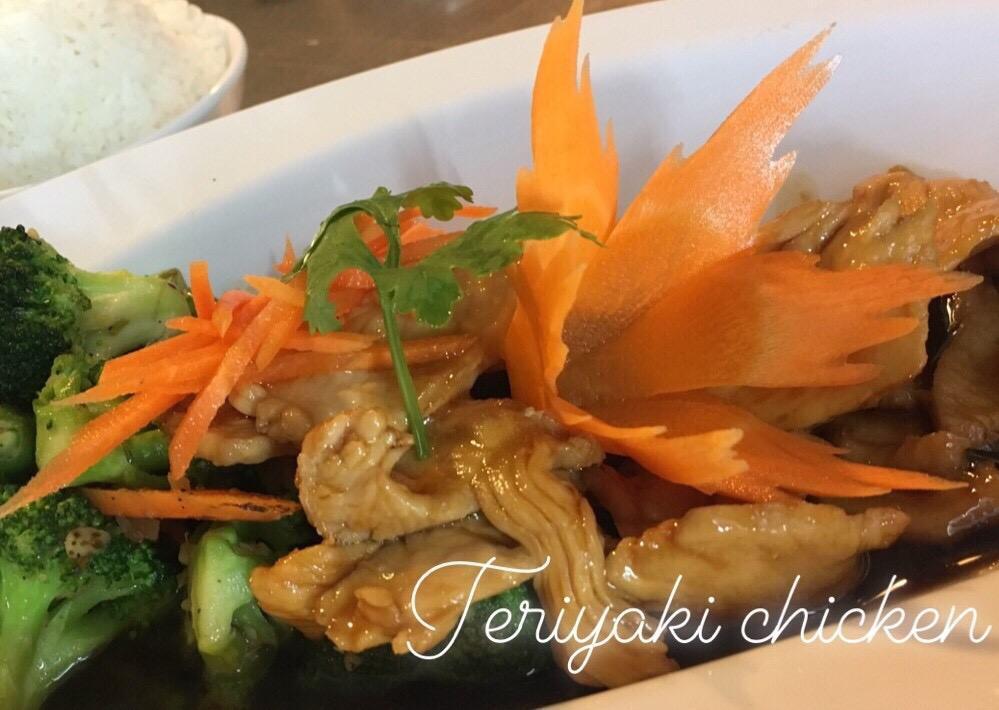 Teriyaki · Sweet teriyaki reduction sauce sided with sauteed with garlic, asparagus, broccoli and carrots. Served with jasmine rice.