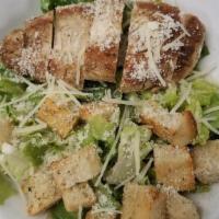 Chicken Caesar Salad · Housemade Parmesan croutons, grated Parmesan cheese & grilled chicken on top of a bed of rom...