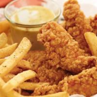 Chicken Strips and Fries · Breaded chicken breast served with french fries.