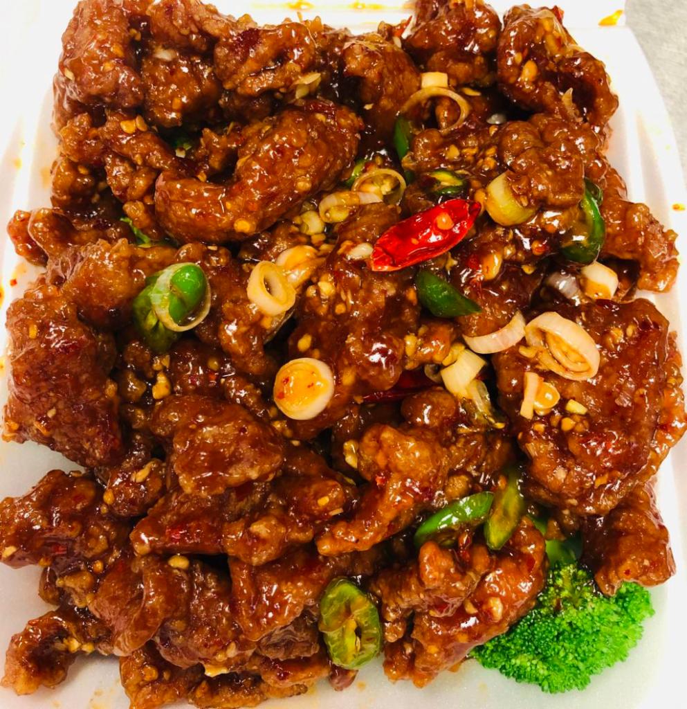 Hunan Beef · Crispy beef glazed in a spicy Hunan sauce.  Hot and spicy.