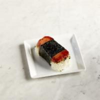 Omni Musubi · Made with 100% plant-based Omni Pork Luncheon glazed with sweet shoyu sauce on top of white ...