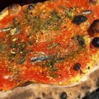 Arrabbiata Pizza · Tomato base with parsley, garlic, chili pesto, and EVOO (cold-pressed extra virgin olive oil...