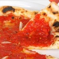 Vegan Arrabbiata Pizza · Tomato base with parsley, garlic, chili pesto, and EVOO (cold pressed extra virgin olive oil...