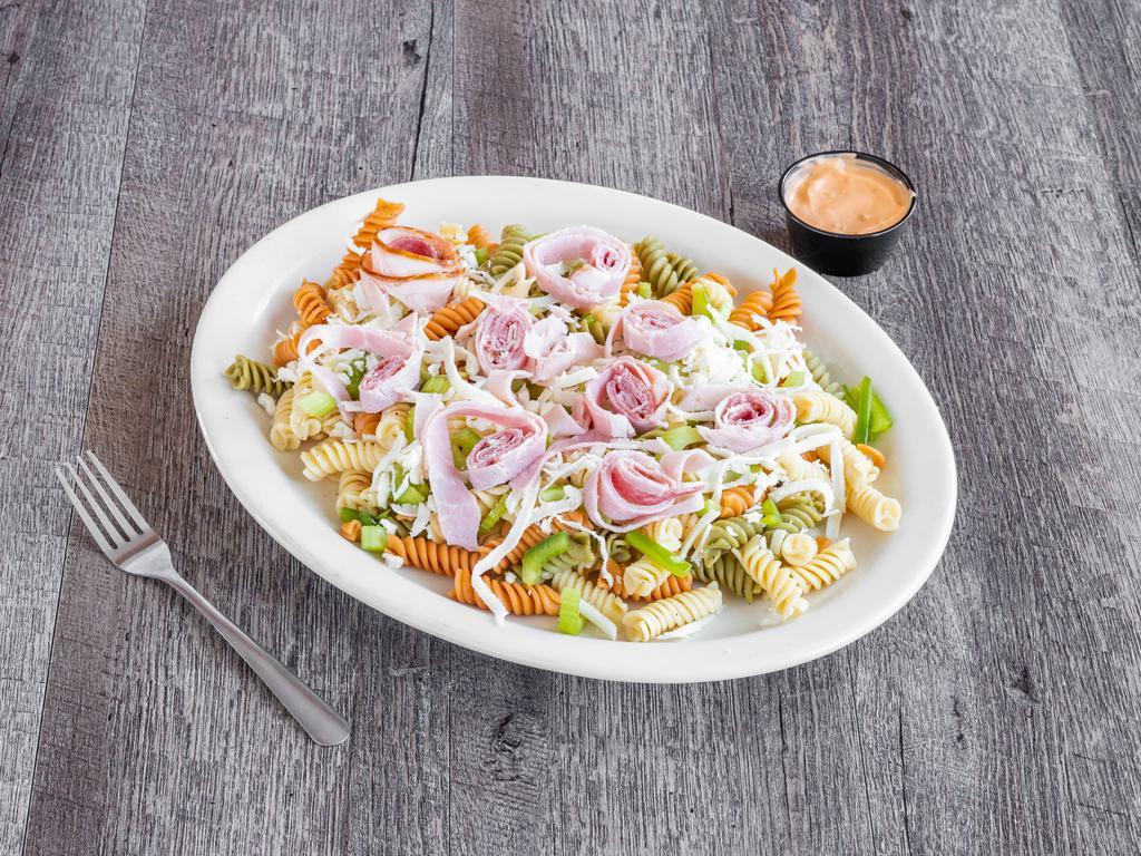  Pasta Salad  · Ham, salami, cheese, tri-colored noodles, celery and green peppers.