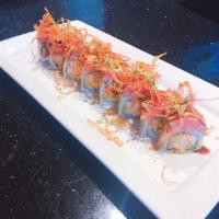 Caterpillar Roll · Spicy shrimp, avocado, cucumber inside, topped with spicy tuna and pepper tuna. Served with ...