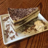 Tiramisu · Two layers of Sponge cake soaked in Coffee sauce with Cream, Mascarpone Cheese, Cocoa