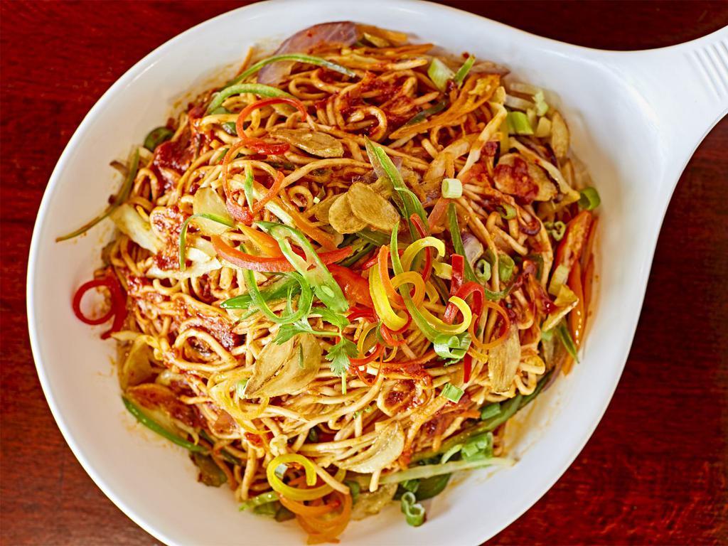 Veg Hakka Noddle · Boiled noodles tossed with vegetables and Chinese seasonings.