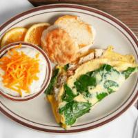Chicken, Spinach and Feta Omelet · House Greek marinated chicken breast, sauteed spinach and crumbled feta.