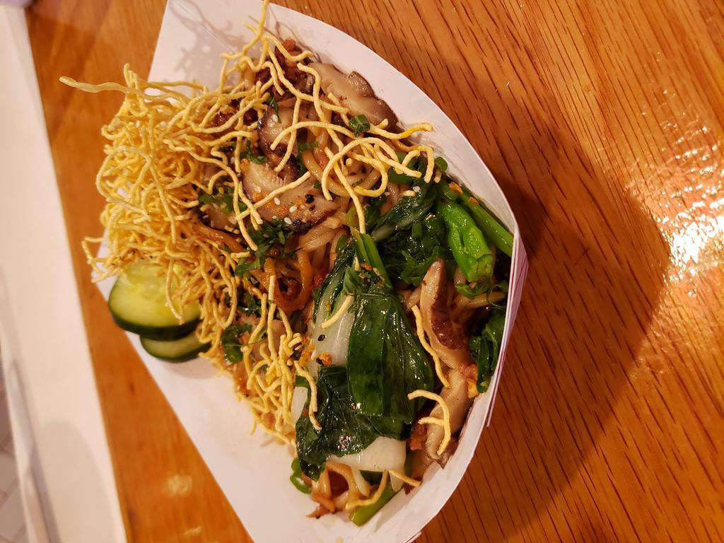 Spicy Crispy Noodles · Sichuan pepper spiked Shanghai noodles with chopped pork, Chinese vegetables, topped with crispy noodles