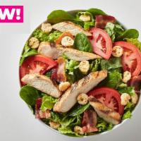 New! Beach Club Salad · Grilled chicken, bacon, tomatoes & parmesan crisps on a bed of romaine and spinach & served ...