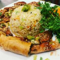 Deluxe Fried Rice Platter  · Beef , chicken , pork and egg roll