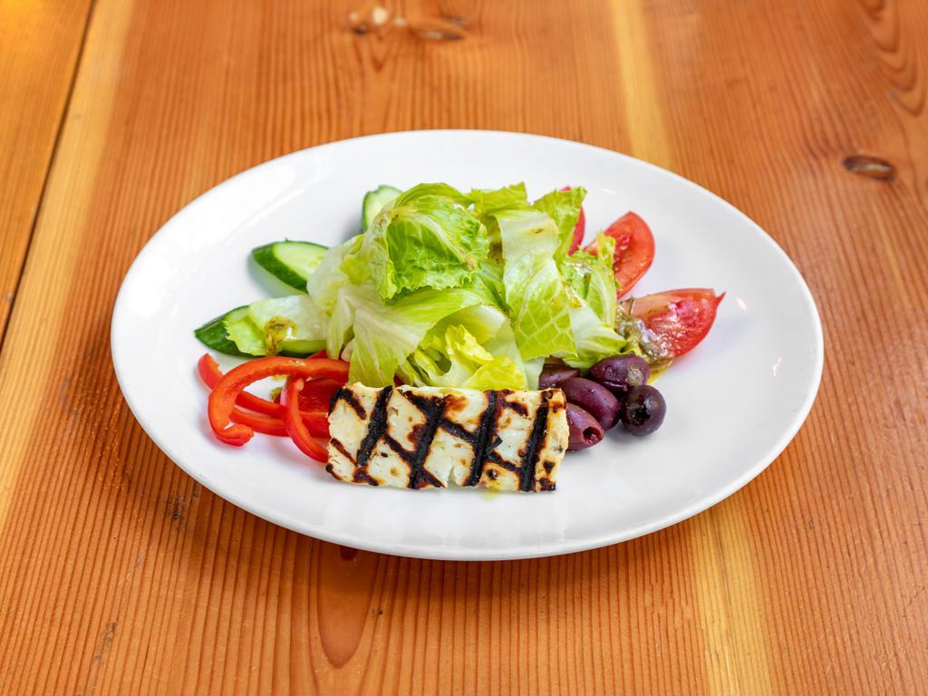 Light House Salad · Organic romaine hearts, tomatoes, cucum- bers, red onions, bell pepper, olives, grilled halloumi cheese, evoo dill vinaigrette