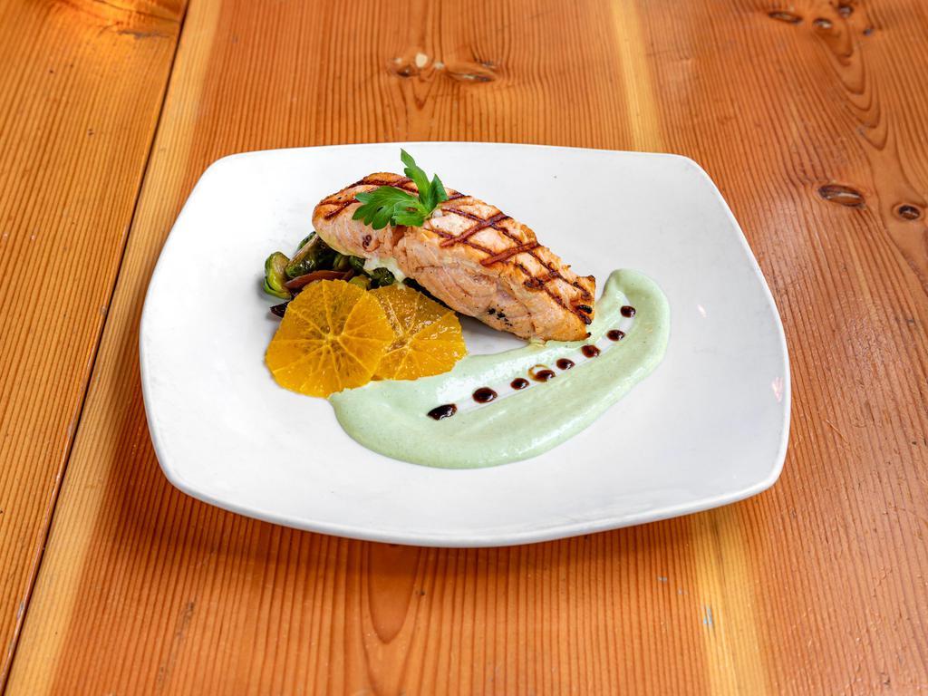 Grilled Salmon · Brussels sprouts, caramelized onions,
dried cranberries, citrus maple glaze