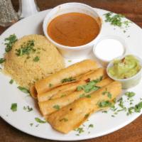 Flautas · Served with rice, refried beans, guacamole and sour cream.