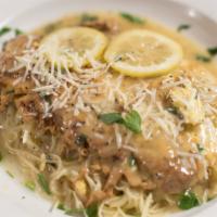 Chicken Franchise · Egg-dipped sauteed chicken breast in a lemon butter and white wine sauce served over linguini.