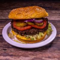 Hippo Burger · 1, 2 lb. Angus beef, mustard, lettuce, tomatoes, pickles, and onions.