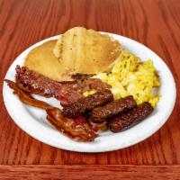 Silver Dollar Special · 3 pancakes, 2 sausage or 3 bacon strips, and 2 eggs.