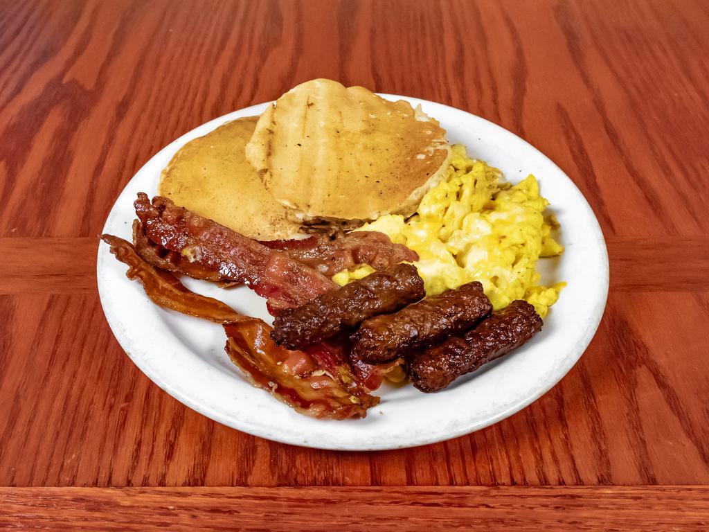 Silver Dollar Special · 3 pancakes, 2 sausage or 3 bacon strips, and 2 eggs.