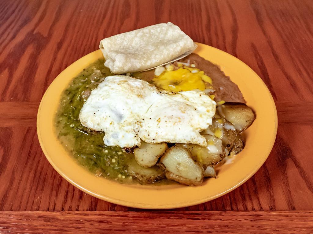Nana Breakfast Special · Homemade green or red pork chili, served with two eggs any style, beans or potatoes, and your choice of flour tortilla, corn tortillas, or toast.