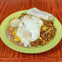 Chorizo con Huevos Breakfast · Two eggs any style, served with made from scratch chorizo, beans or potatoes, and your choic...