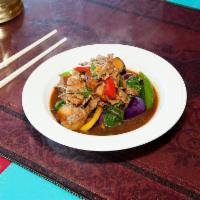 42. Pad Ma Kur · Sauteed garlic, chilies, eggplants, bell pepper, sweet basil with your choice of chicken, be...