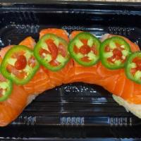 Rococo Roll · in : Spicy Tuna, Spicy Crab Meat, Cucumber, Avocado
out : Salmon, Jalapeno, Hot sauce on top