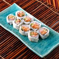 Salmon Tempura Roll · Salmon tempura, crab meat, cucumber, and avocado eel sauce.