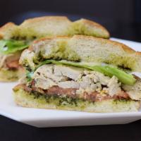 Pesto Chicken Sandwich · Grilled chicken, lettuce, tomatoes, pesto sauce and provolone on ciabatta bread.