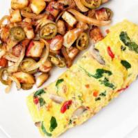 Very Veggie Omelette · Fresh spinach, bell peppers, mushrooms, onions, roasted red peppers, tomatoes, garlic season...